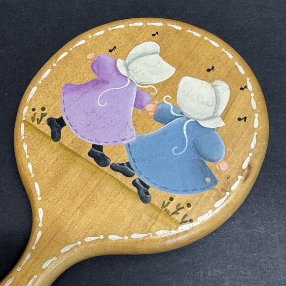 Vtg Hand Painted Wooden Beveled Hand Mirror Children Girls Vanity Mirror Signed - Picture 2 of 5